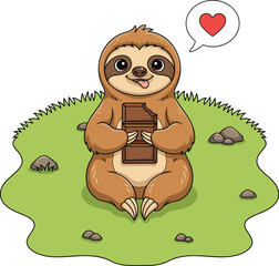 Fototapeta premium A cute cartoon sloth sitting on the grass while holding a bar of delicious chocolate with a love heart speech bubble