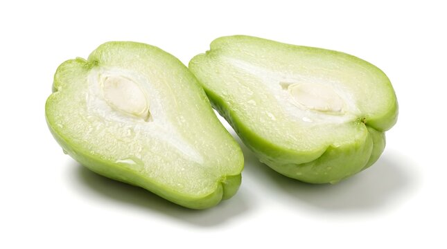 Two fresh halves of a green chayote squash isolated on a white background.