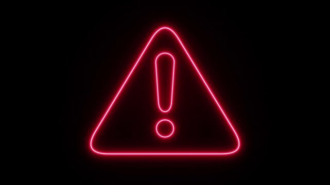 Slow zoom in on neon warning triangle icon pulsing and glowing with exclamation mark on black background in minimal studio setting.