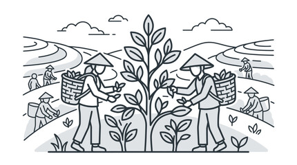 Obraz premium Farmers harvesting tea leaves on terraced hills line art.