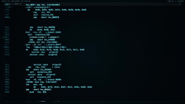 Panning tracking shot of monitors displaying scrolling assembly code across dark workspace command center with cyan terminal columns.