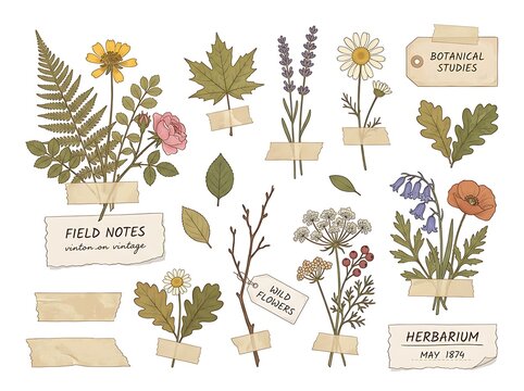 Set of hand drawn botanical illustrations featuring pressed flowers leaves and herbs with vintage paper labels and tape for a natural herbarium collection style design
