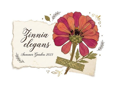Beautiful pink and orange zinnia flower illustration with artistic summer garden text and decorative leaves on a torn paper note design element for seasonal projects