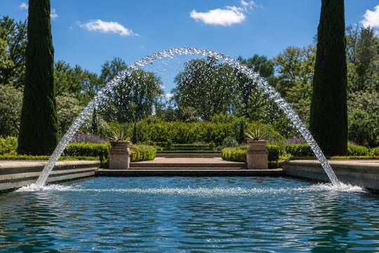 Arc of water from a fountain creating a parabolic trajectory, sparkling droplets in sunlight.