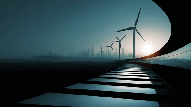 Strategies and innovations for a sustainable future with wind turbines and city skyline at sunrise