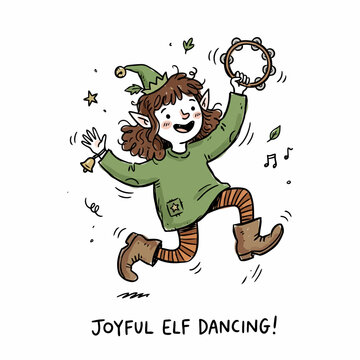 Joyful elf dancing with tambourine and bell, surrounded by leaves and musical notes.