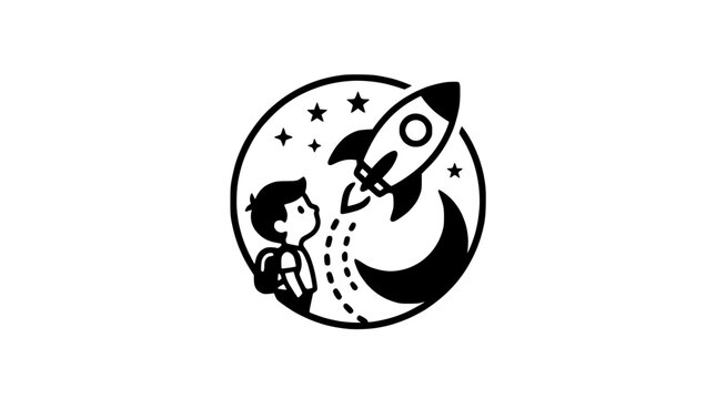 Child looking at rocket launch, dreams of space, illustration