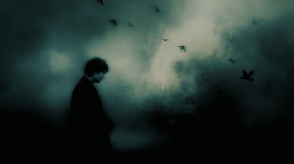 Obraz premium soul on a profound journey, surrounded by dark, disturbing shadows and haunting memories, conveying deep emotions 