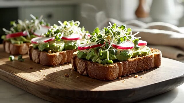 Three artisanal toast slices with mashed avocado, sliced red radishes, and microgreen sprouts on a wooden cutting board under bright natural sunlight in a kitchen setting.