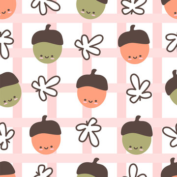 cute hand drawn autumn fall seasonal kawaii cartoon character acorn and leaves seamless vector pattern illustration on gingham pink background