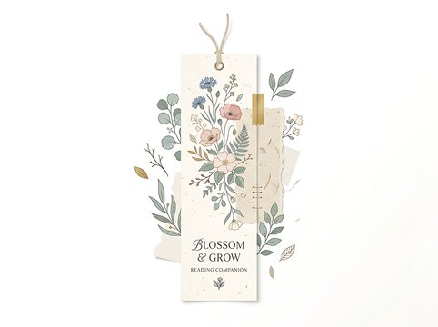Elegant vertical bookmark design featuring delicate hand drawn wild flower illustrations with soft pastel colors and sophisticated typography for reading lovers