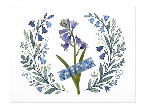 Beautiful hand drawn bluebell flower illustration with elegant floral wreath frame
