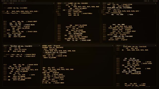 Panning shot of multiple terminal screens showing assembly code scrolling across dark amber monitors in panoramic developer workspace.