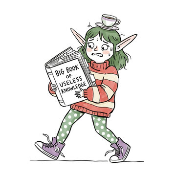 Stressed elf walking while holding big book of useless knowledge and cup on head.