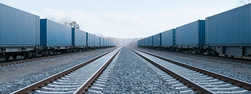 Two Long Freight Trains on Parallel Tracks Under an Overcast Sky