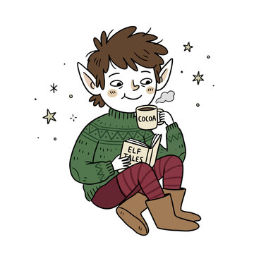 Cozy elf sitting on floor reading elf tales while drinking hot cocoa with stars background.