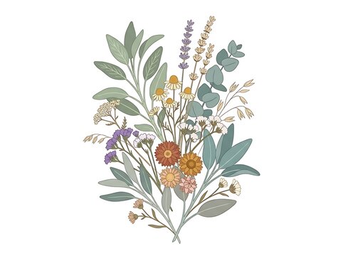 Beautiful botanical bouquet with grey leaves and small colorful flowers in a simple artistic drawing style
