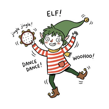 Happy dancing elf playing tambourine and celebrating with festive winter jingle bells.