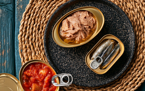 Open canned seafood featuring tuna, sardines, and mussels, showing preserved fish and shellfish as gourmet Spanish tapas