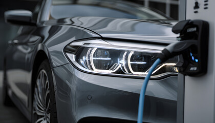 Fototapeta premium Close-up of modern electric vehicle charging at station, emphasizing sustainable transportation technology.