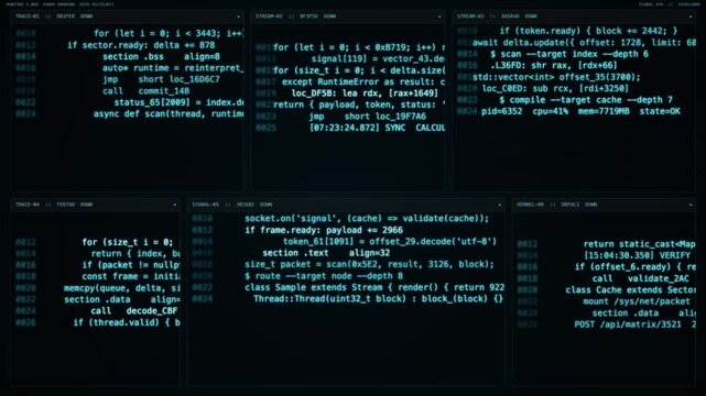 Tracking shot of multiple terminal windows with scrolling code and console logs on dark developer workstation in office data center at night.