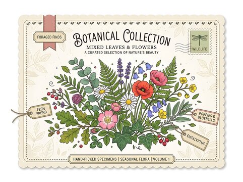 Botanical collection illustration with hand drawn flowers and leaves on a vintage style paper sheet with decorative labels and artistic garden plant elements