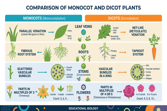 Monocot and dicot plant comparison infographic highlighting structural differences and botanical characteristics clearly