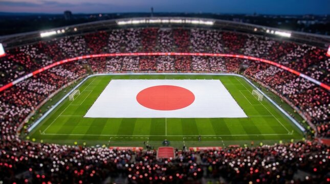 A massive flag of Japan displayed in the center of a crowded soccer stadium during a night match.