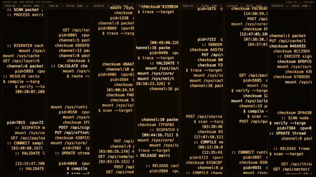 Panning shot of computer terminal log panels scrolling across multiple monitors in dark server room with amber console text and horizontal movement.