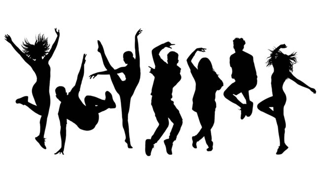 Silhouette people dancing and jumping together in a group isolated on transparent background, Vector