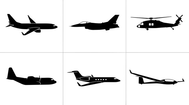 aircraft silhouette symbols, passenger jet, fighter jet, helicopter, cargo plane, private jet, glider, vector silhouette collection