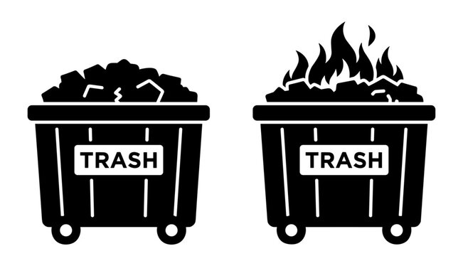 Black dumpster silhouette icon set with full trash and burning fire