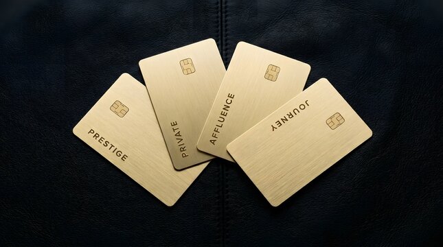 Overhead view of four gold credit cards on black background