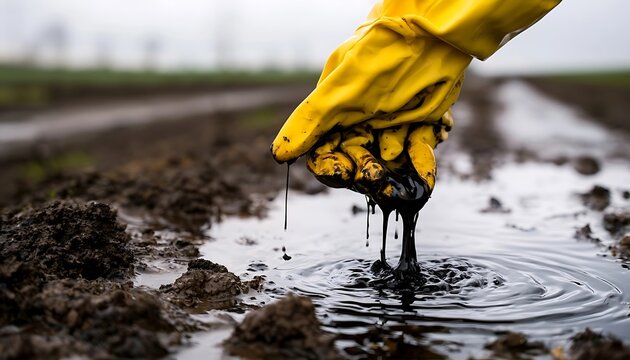 Yellow gloved hand holding oily sludge dripping into muddy water, environmental pollution concept.