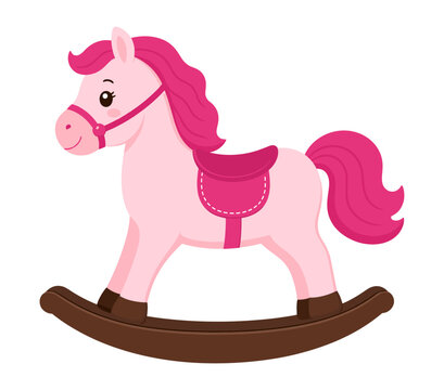 Pink rocking horse toy with magenta mane and brown runner