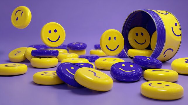 Yellow Smiley Face Discs Scattered with Purple Elements