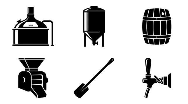 brewery equipment silhouette symbols, brewing kettle, fermentation tank, beer barrel, grain mill, brewing paddle, beer tap, exactly six symbols only