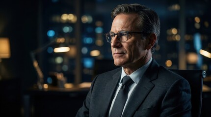 Fototapeta premium A mature businessman in a sharp dark suit and glasses sits thoughtfully inside a modern night.