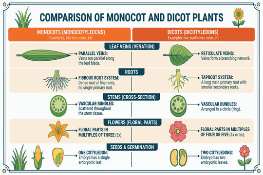 Monocot and dicot educational poster illustrating key botanical features for plant identification