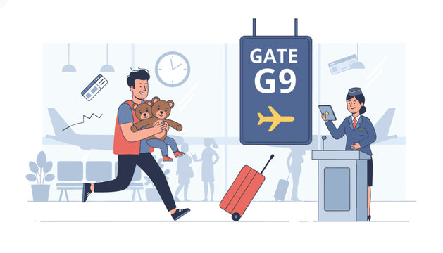 Hurry father running in airport terminal with teddy bears to catch his flight at gate G9 with flight attendant.