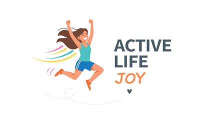 Obraz premium Energetic young girl running and cheering happily on a white web banner with active life joy text message.