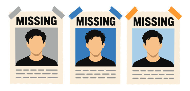 Missing person poster set with adhesive tape and male silhouette