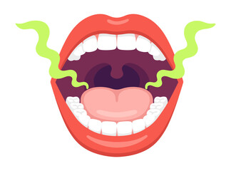 Obraz premium Open mouth with bad breath green cloud and white tooth