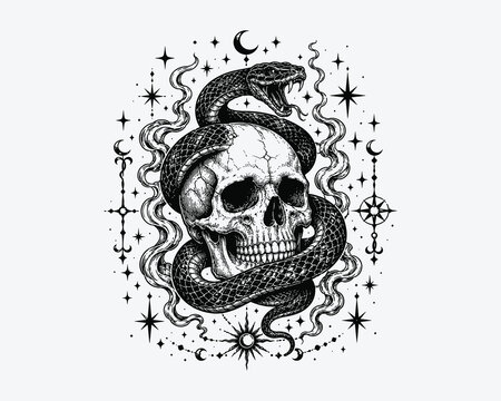 Halloween skeleton with snake spooky artwork for decoration