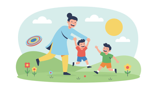 Joyful mother happily playing with her two active little sons outdoors in a green meadow on a beautiful sunny day.