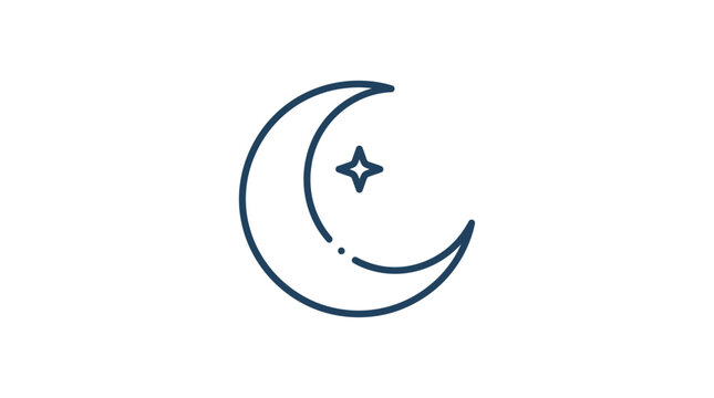 Simple line drawing of a crescent moon with a star on a white background in blue color.