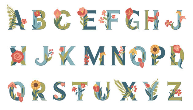 Elegant floral alphabet with letters decorated with beautiful colorful spring flowers and green leaves on white.