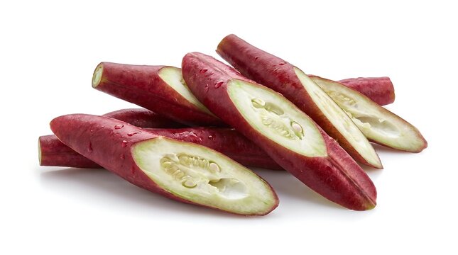 Freshly sliced raw sweet potato pieces isolated on a white background.