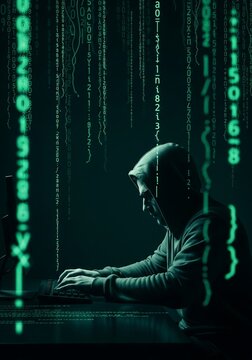Hacker at computer digital code