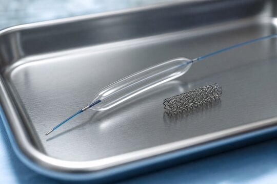 Slender balloon catheter and miniature stent on surgical tray, metallic shine.